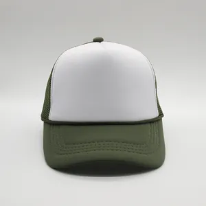Detail of a mesh trucker hat with white front panel and olive green brim and mesh