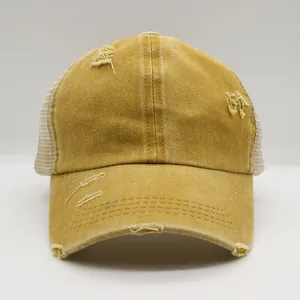 Vintage Ponytail Baseball Cap in Senfgelb mit atmungsaktivem Mesh und Used-Look