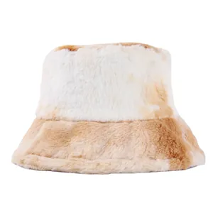 Chapeau bob en peluche tie-dye blanc crème et marron en fausse fourrure douce