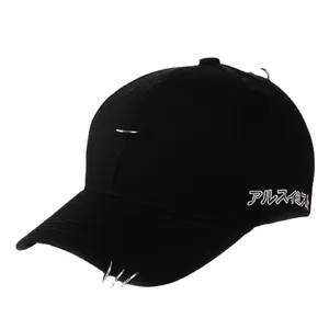 Black cotton baseball cap with punk silver rings and white Japanese embroidery