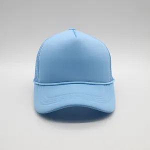 Detail of light blue trucker hat featuring breathable mesh and decorative front rope