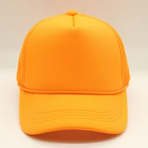 Detailed close-up of a bright orange trucker hat with mesh back and braided rope detail