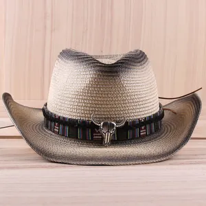 Gradient straw cowboy hat with western bull skull accessory and ethnic band