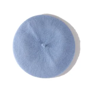 Classic light blue wool beret hat for girls with soft fuzzy texture and top stalk detail