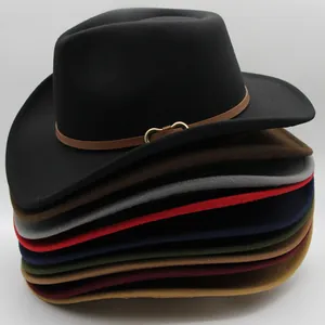Vertical stack of assorted felt western cowboy hats with brown leather belts in many colors