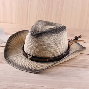 Western Cowboy Straw Hat Gradient Sun Protection Hat With Bull Head Leather Band Rivets Adjustable Wind Rope Unisex Outdoor Travel Hat