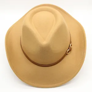 Close-up of khaki wool fedora with a brown leather belt and golden metal buckle