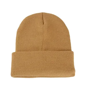 Classic khaki ribbed knit beanie with wide fold-up cuff for winter warmth