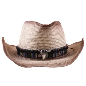 Western straw cowboy hat with bull skull metal decor and colorful tribal band