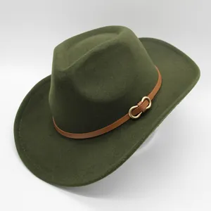 Detail view of dark green wool felt cowboy hat with brown belt and gold infinity buckle