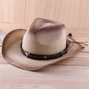 Western straw cowboy hat with ethnic style bull horn belt and adjustable chin strap