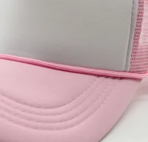 Close-up of pink mesh sun hat showing white foam panel and braided rope detail