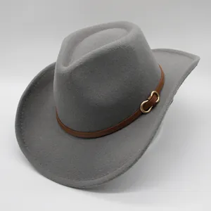 Close-up of grey wool felt fedora featuring a brown leather belt and gold buckle detail