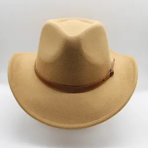 Detail of khaki felt fedora featuring a slim brown leather strap and metal buckle accent