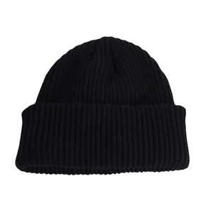 Black ribbed knit beanie hat for winter, classic thick cuff design for men and women
