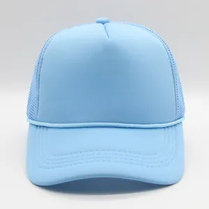 Light blue trucker hat with foam front and breathable mesh back for outdoor sun protection