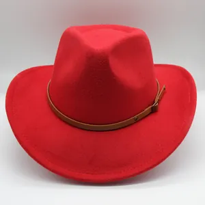 Detail of red wool felt western cowboy hat featuring a brown leather belt with metal buckle