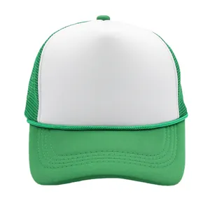 Green and white mesh trucker hat with flat front panel and decorative rope detail