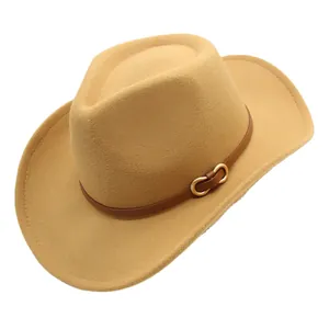 Vintage Western Woolen Felt Cowboy Hat For Women Men Wide Brim Jazz Fedora Hat With Leather Belt Metal Buckle Sun Hat