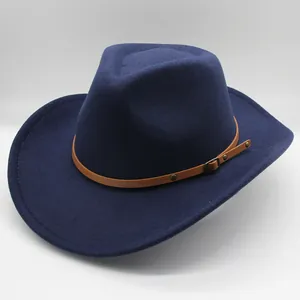 Detail of navy wool felt fedora with brown leather strap and bronze buckle closure