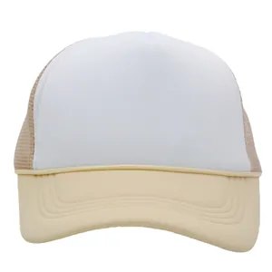 Minimalist mesh trucker hat with white front panel and khaki brim for sun protection
