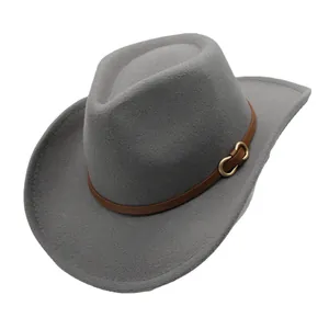 Classic grey wool fedora hat with brown leather belt and golden metal buckle decoration