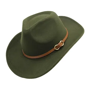 Vintage wide brim wool felt cowboy hat in dark green with a brown leather belt and gold buckle