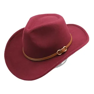 Classic burgundy wool fedora hat with brown leather strap and gold buckle detail