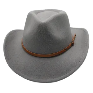 Grey wool wide brim cowboy fedora hat with a brown leather belt buckle strap