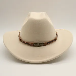 Detail of western cowboy hat featuring a skull metal buckle and brown braided band