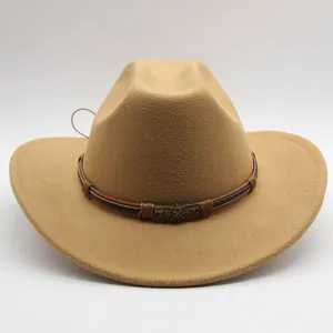 Western Cowboy Hat Retro Woolen Felt Jazz Hat With Braided Band Metal Skull Decoration Wide Brim Sun Hat For Men Women