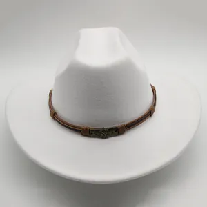 White felt western cowboy hat with braided cord and skull buckle detail