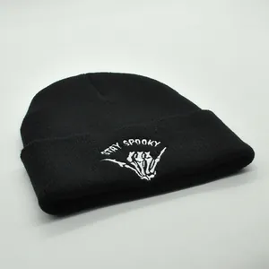 Stay Spooky skeleton embroidery black knit beanie for winter warmth and street style