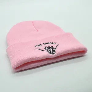 Pink knit beanie with black Stay Spooky embroidery for Halloween winter warm fashion