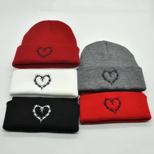 Winter Warm Knit Beanie Hat For Women Men Barbed Wire Heart Embroidery Acrylic Skull Cap Outdoor Streetwear Cold Hat