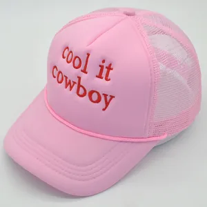 Pink trucker hat with cool it cowboy embroidery and breathable mesh for outdoor sun protection