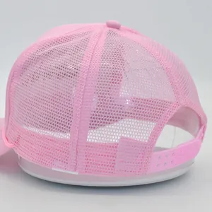 Pink mesh trucker hat with adjustable snapback closure and breathable sports design