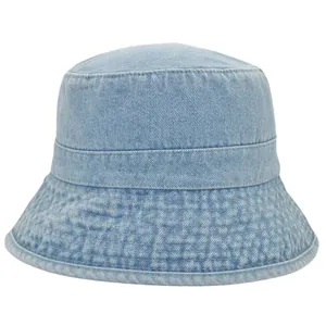 Classic light blue denim bucket hat with wide reinforced brim and contrast stitching