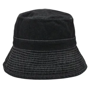 Unisex black denim bucket hat with stylish white contrast stitching for outdoor sun protection