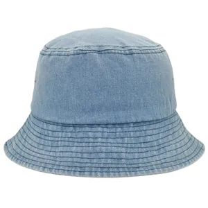 Detail view of light blue denim bucket hat showing reinforced brim stitching and metal eyelets