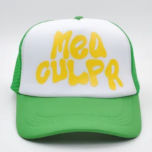 Detailed close-up of Mea Culpa trucker hat featuring green mesh and yellow bubble lettering