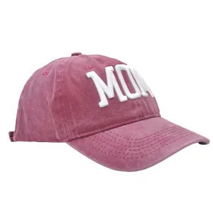 Classic washed burgundy baseball cap with 3D white MOM embroidery for women