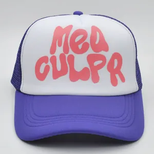 Detail of purple mesh trucker hat with foam front and MEA CULPA artistic pink print