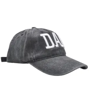 Washed dark grey cotton baseball cap with 3D white DAD embroidery in a 45-degree angle view