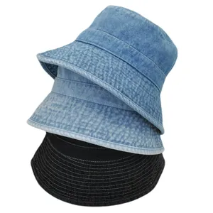 Foldable denim bucket hats for men and women in washed blue and black outdoor sun protection