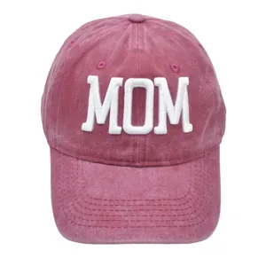 Vintage washed red cotton baseball cap with white 3D embroidered MOM lettering on front
