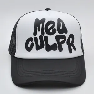 Classic black and white Mea Culpa trucker hat with breathable mesh back and bold text