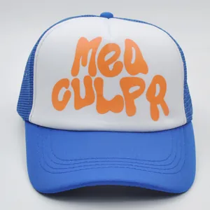 Detailed foam print text on a blue and white breathable mesh trucker hat