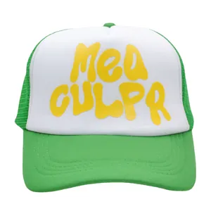 Green and white Mea Culpa trucker hat with yellow foam print and breathable mesh back