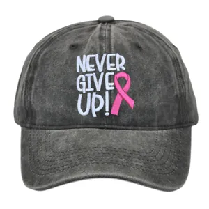 Vintage washed charcoal baseball cap with pink ribbon embroidery and Never Give Up text
